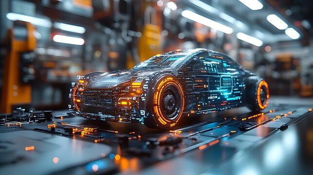 Futuristic electric car with glowing circuit board details, standing on a circuit board platform in a futuristic workshop.