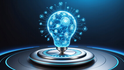 A glowing holographic light bulb made of digital nodes hovers above a circular tech interface, symbolizing the concept of innovation, technology, and future ideas.