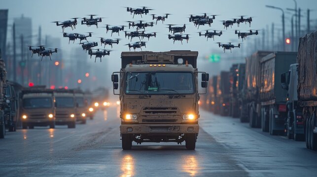 A convoy of military vehicles progresses through a foggy urban setting, while numerous drones are engaged in aerial monitoring and surveillance tasks overhead.