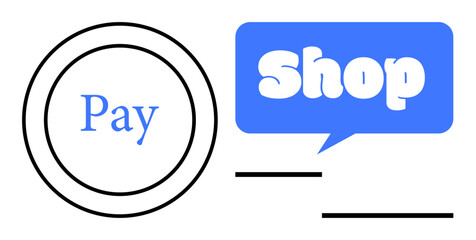 Circular pay button next to a blue Shop speech bubble, visually expressing online shopping and e-commerce. Ideal for business, marketing, payment systems, online stores, shopping apps. Minimalist