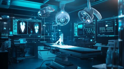 Fototapeta premium A state-of-the-art surgical operating room features advanced lighting and diagnostic monitors