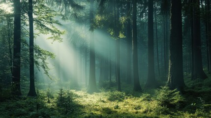 Obraz premium Sunbeams pierce through misty forest.