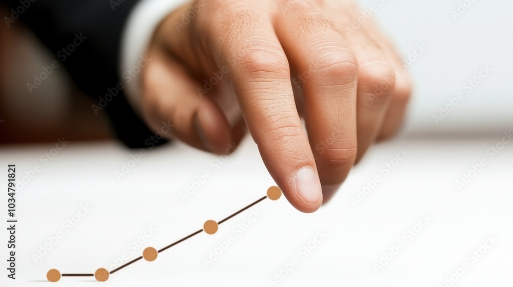 Poster hand pointing at rising graph line on table