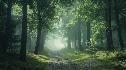 Fototapeta premium Path through misty green forest with sunlight.