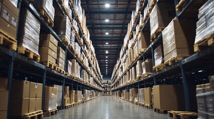 2408 46.A warehouse setting filled with cardboard boxes of various sizes stacked neatly on shelves, ready for packing and shipping online orders. The scene highlights the efficiency and organization