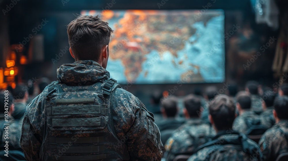 Aufkleber A group of military members attentively watches a large screen displaying tactical maps during a briefing in a command center. The atmosphere is focused and serious as they prepare for operations.