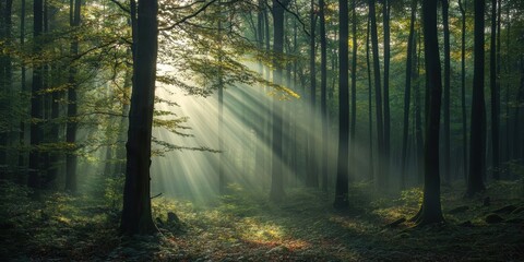 Fototapeta premium Sunlight streams through a misty forest.