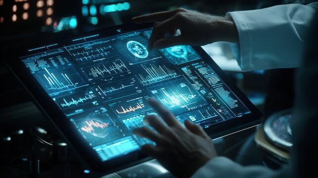 Digital Medical Records Interface : A doctor or technician viewing digital medical records on a holographic or futuristic tablet, with patient data, graphs, and health metrics displayed