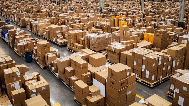 2408 31.A busy distribution warehouse table filled with stacked cardboard boxes, each labeled for shipping. The scene captures the organized chaos of a commercial stockroom, ready for dispatching