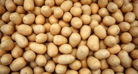 A pile of fresh potatoes, top view, potato background.