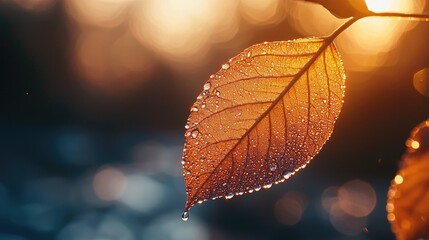 A leaf with dew drops gently sliding down its surface in a soft morning light