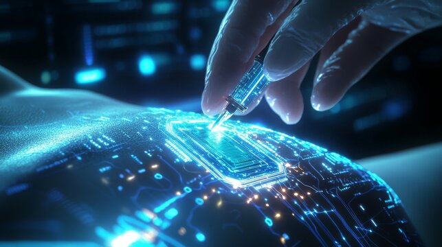Biochip Implant Concept : A high-tech close-up of a biochip implant being inserted into a person's skin, with holographic data and circuitry glowing, symbolizing future medical technology