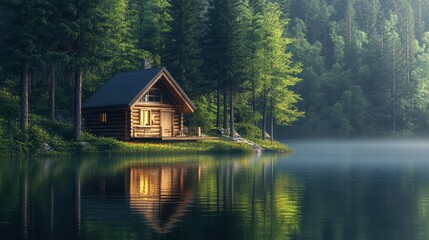 Fototapeta premium A wooden cabin by a misty lake in a forest.