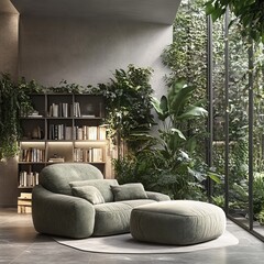 Grey and green botanical lounge design