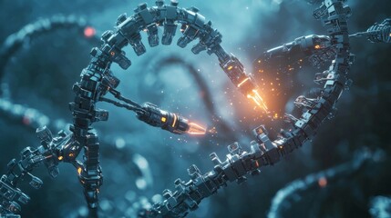 Genome Editing Concept : A futuristic visual of DNA strands being edited with tiny robotic arms or digital tools, representing CRISPR technology and genetic modification