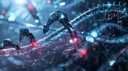 Fototapeta premium Genome Editing Concept : A futuristic visual of DNA strands being edited with tiny robotic arms or digital tools, representing CRISPR technology and genetic modification