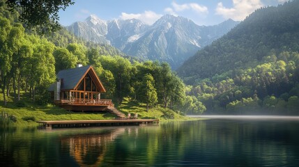 Fototapeta premium Cabin by lake with mountain backdrop.