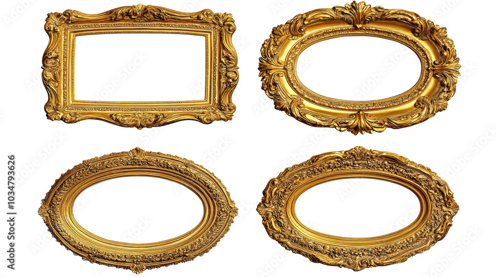 Poster elegant gold decorative picture frames in various shapes and sizes generative ai