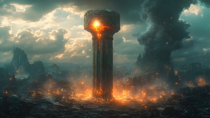 Fototapeta premium Ceremonial Mace Igniting Futuristic Cityscape in Dystopian Destruction