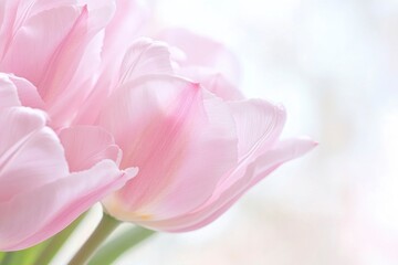 Fototapeta premium A close-up of delicate pastel pink tulip petals, set against a soft white background. The focus is on the intricate petal shapes and textures.