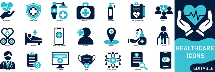 Healthcare icon set. Solid vector icons collection.