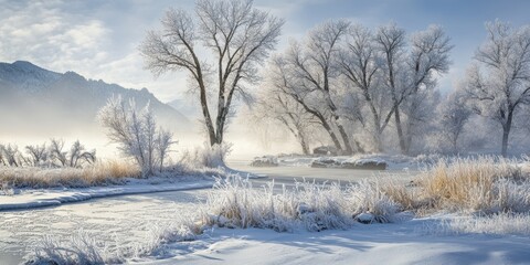 Obraz premium Frosty trees and river in a snowy landscape.