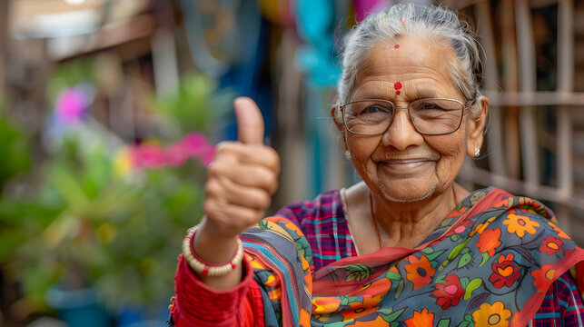 Old age happy Indian woman showing Ok or thumbs up sign