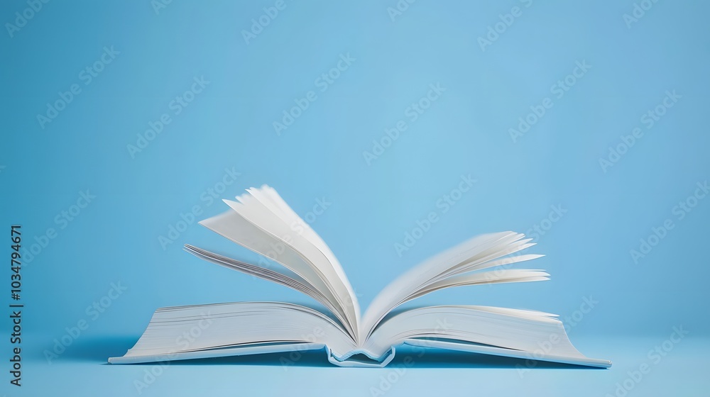 Wall mural a book is open on the table, with a white, blurred background and soft light. the pages of the book 