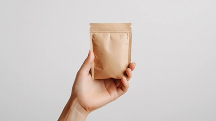2408 21.A minimalist composition featuring a hand holding a brown paper ziplock pouch, with the natural texture of the eco-friendly packaging highlighted against a white background. The simple design