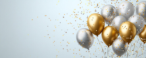 A bunch of gold and silver balloons with confetti falling around them. The balloons are scattered in different directions, creating a festive and celebratory atmosphere
