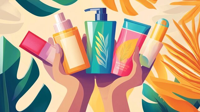 2408 90.A close-up vector design of hands holding a set of sunblock products, including lotions, sprays, and creams, all designed for UV protection. The bright, bold colors of the packaging stand out