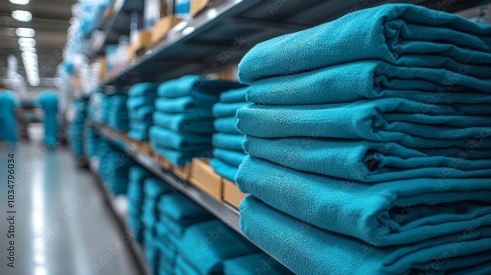 Poster soft turquoise towels are stacked in neat rows on shelves in a retail store, creating an organized a