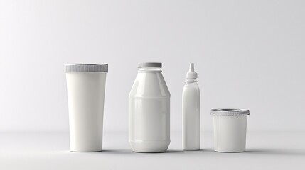 2408 17.A 3D vector rendering showcasing various dairy packaging options, including a yogurt cup with a peel-off foil lid, a sleek plastic bottle, and a classic carton with a spout. The clean white