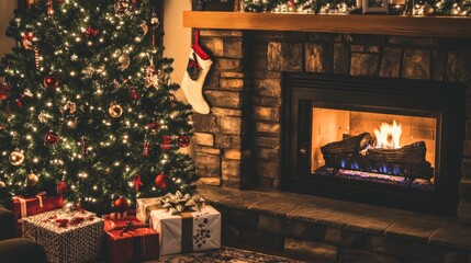 A cozy living room featuring a Christmas tree, a glowing fireplace, and neatly wrapped gifts, ready for the festivities.
