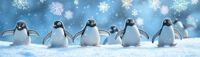 Fototapeta premium Five playful penguins stand on snowy ground, surrounded by a serene blue backdrop and falling snowflakes, creating a whimsical winter scene.
