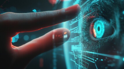 Futuristic Biometric Scanning : A concept image of a human hand or eye being scanned by a biometric security system, showing futuristic interface elements, scanning lines, and data output