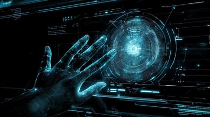 Futuristic Biometric Scanning : A concept image of a human hand or eye being scanned by a biometric security system, showing futuristic interface elements, scanning lines, and data output
