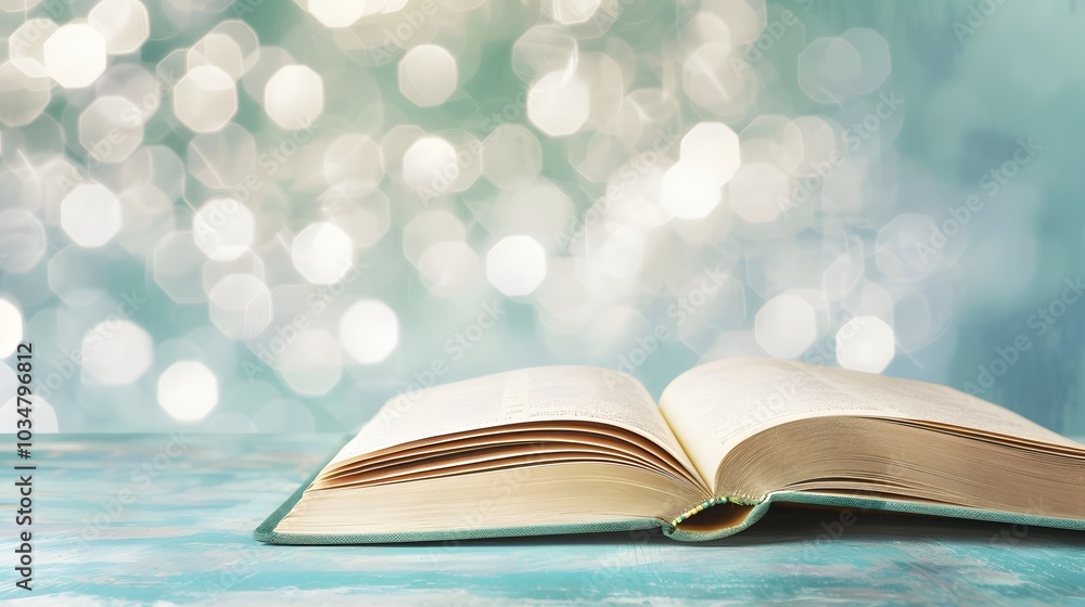 Wall mural a book is open on the table, with a white, blurred background and soft light. the pages of the book 