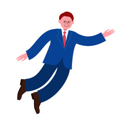 空を飛ぶ（空中を浮遊する）スーツを着たメガネの男性の全身のイラスト