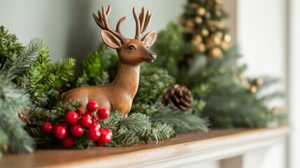 A rustic deer figurine sits on a Christmas mantle with a wreath of greenery, blending natural and festive elements