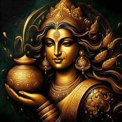 Obraz premium beautiful water color art of golden maa laxmi holding a pot on dark green background
