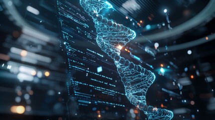 AI Learning from DNA : A holographic interface showing AI learning patterns based on DNA data