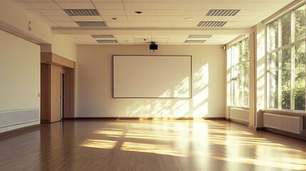 Obraz premium Sunlit Empty Room with Large Window and Projection Screen