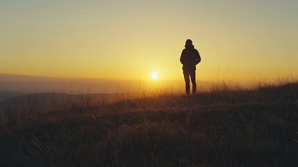 A silhouette of a person standing on a hill watching the sunrise at dawn