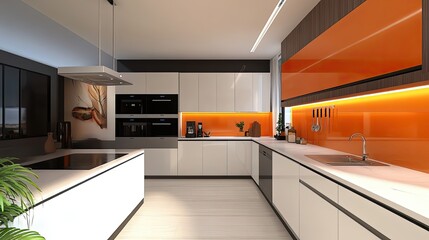 Modern Kitchen Interior with White Cabinets and Orange Backsplash