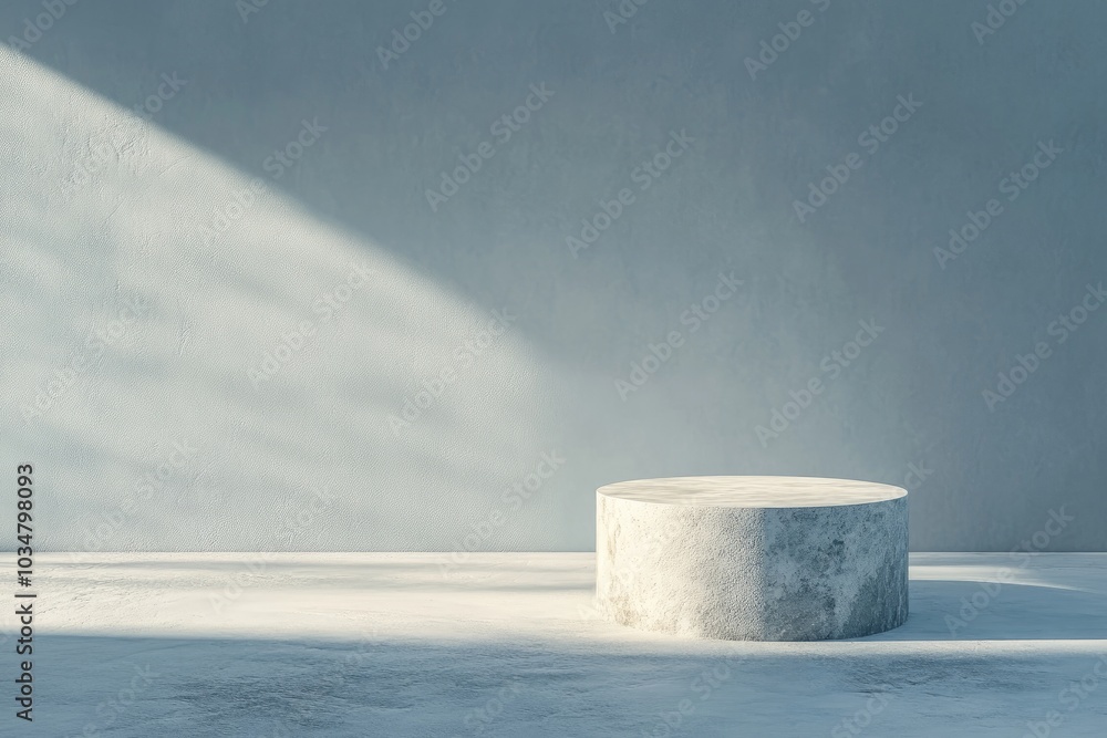 Canvas Prints Concrete Cylinder Platform Against a Light Blue Wall with Sunlight Shadows