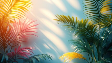 Creative Layout of Colorful Palm Leaves on a White Background Perfect for Tropical-Themed Designs and Nature-Inspired Artwork
