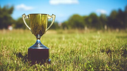 Golden Trophy on Grass in Sunny Daylight