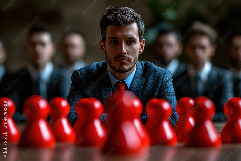 Poster a focused man in a suit sits before a row of red game pieces, with several suited figures blurred in