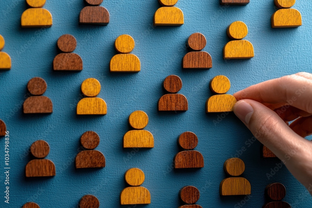 Poster the image features colorful human figures arranged on a surface, with a hand adjusting one of the fi